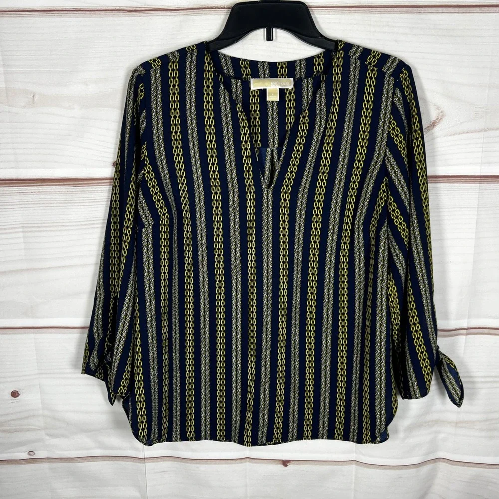 Michael Kors Chain Print Blouse Womens L Blue Gold V-Neck Tie Sleeve Top Office
